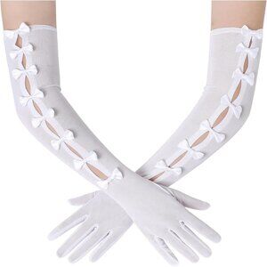 Women's Princess White Long Sleeves Gloves Bow Lace Mesh Tulle Party Prom